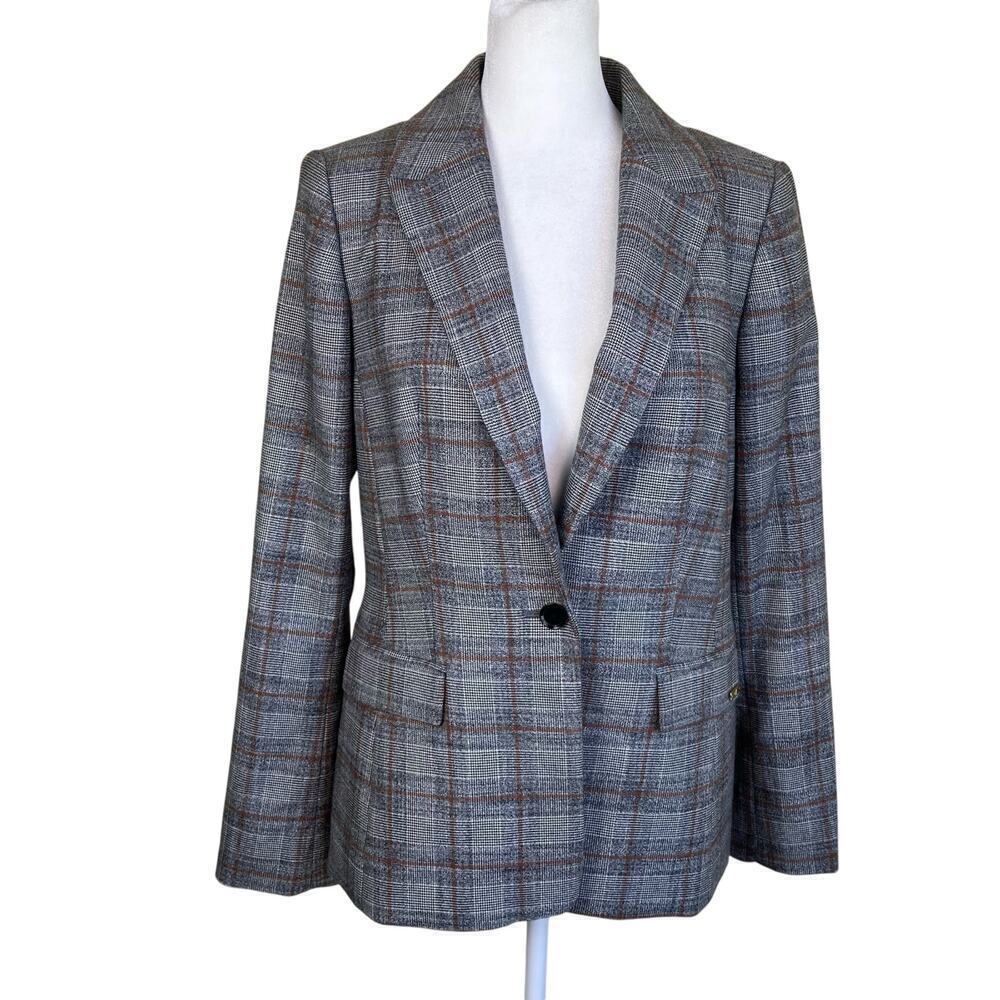 Calvin Klein Sz 10P Glen Plaid Single Breasted Blazer Careerwear Classic Grey